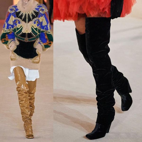 

siddons 2020 runway thigh high boots female square toe spike heels high heels pleated shoes for women over the knee long boots, Black