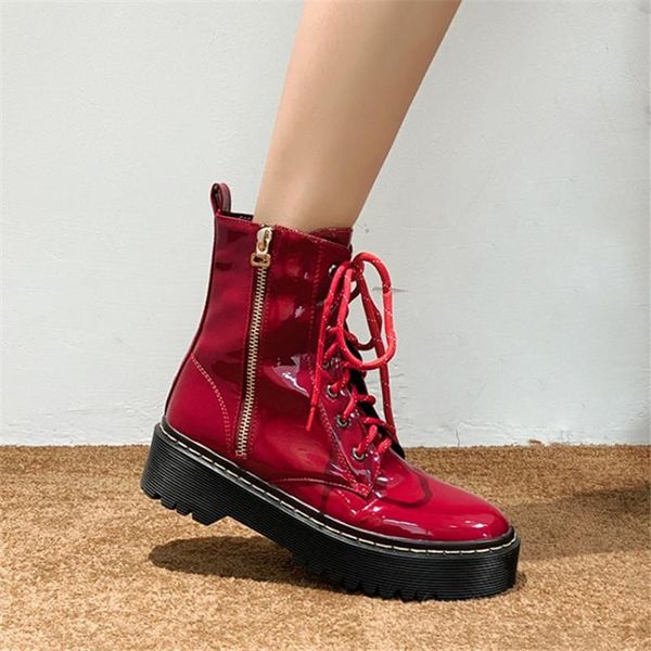 

pxelena retro patent leather zipper lace up women motorcycle biker boots chunky med heels combat martin boots plus size, Black