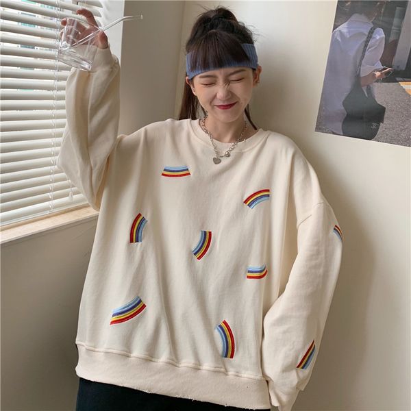 

2021 autumn new pullover women o-neck cotton long sleeve sweatshirt lady embroidery raiow large size fashion 7b9q, Black