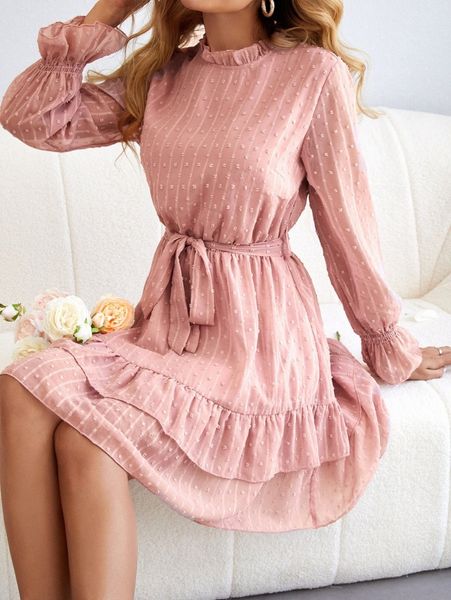 

swiss dot frill neck flounce sleeve ruffle hem belted dress q3wp#, Black;gray