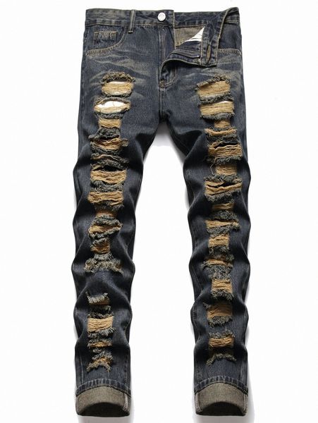 

men ripped straight leg jeans m0lc#, Blue