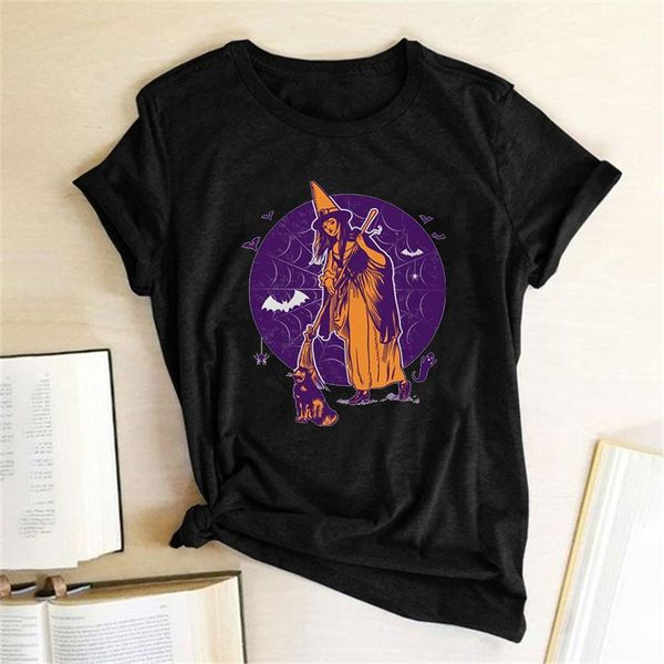 

witch cat bats print halloween t-shirts women summer woman tshirts cotton graphic tee aesthetic o neck for girls ropa mujer, White