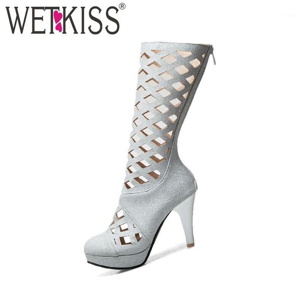 

boots wetkiss 2021 summer knee high women round toe spike heel cutout zipper footwear fashion ladies platform heels shoes1, Black