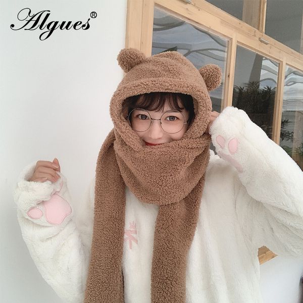 

autumn winter solid color acrylic warm kawaii bear ear scarf female girls cute hats streetwear gifts for women