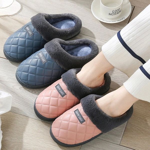 

women's winter couple indoor slippers woman warm plush slippers pu leather waterproof ladies indoor home house female #aq4l, Black