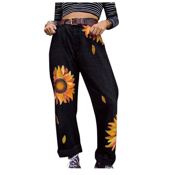 

woman jeans high waist streetwear washed sunflower printed denim pants women 2020 fashion straight pants y1214, Blue
