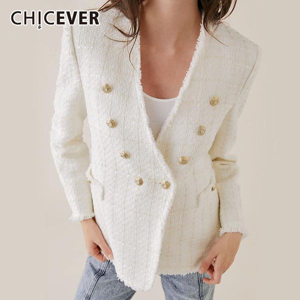 

chicever tweed blazer for women v neck long sleeve patchwork tassel designer loose high street white coats female clothing 201201, White;black