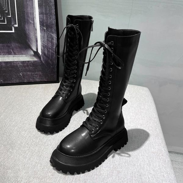 

boots faux leather women knee high lace up round head long chunky block heel black