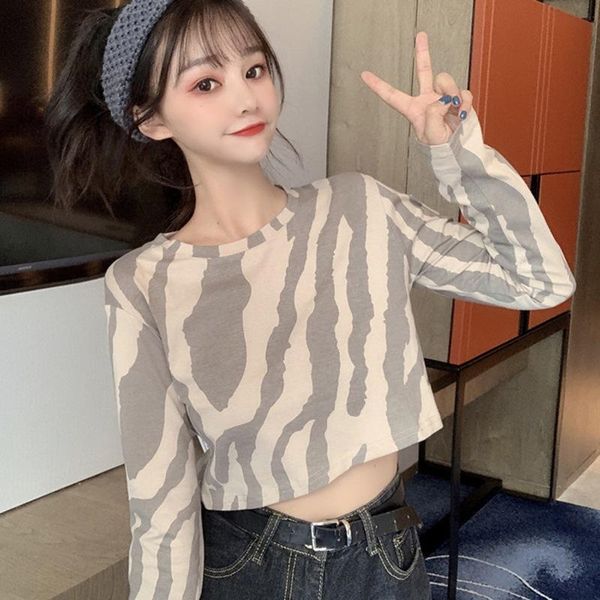 

autumn women roung-neck zebra pattern t-shirt loose casual long-sleeved high-waist short t-shirt new arrivals 2020 hot, White
