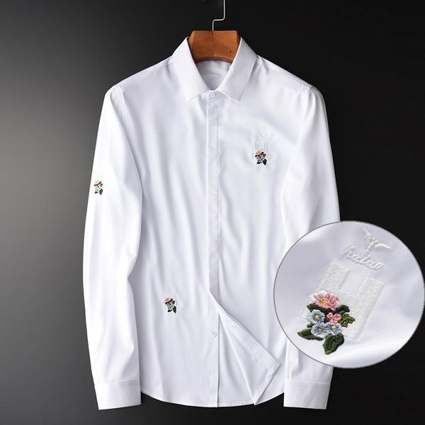 

men's casual shirts men shirt luxury flower embroidered business mens dress size 4xl silky fabric white slim fit male, White;black