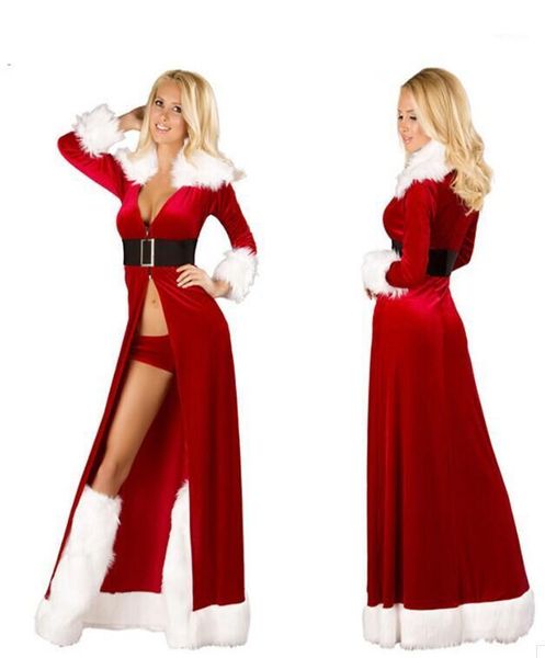 

women christmas cosplay costumes halloween festival uniform long dress santa clause for women lingerie1, Black;red