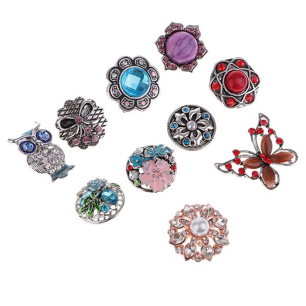 

10 pieces vintage design rhinestone crystal 18mm snap button alloy partner beads butterfly, flower, owl shapes women charm bracelet bangle