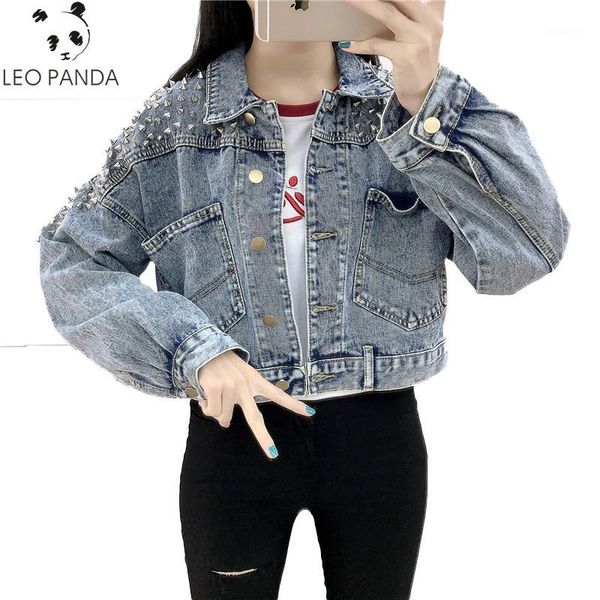 

2019 spring retro women denim jacket with rivet streetwear long sleeve pockets ladies jean jackets loose short outwear1, Black;brown