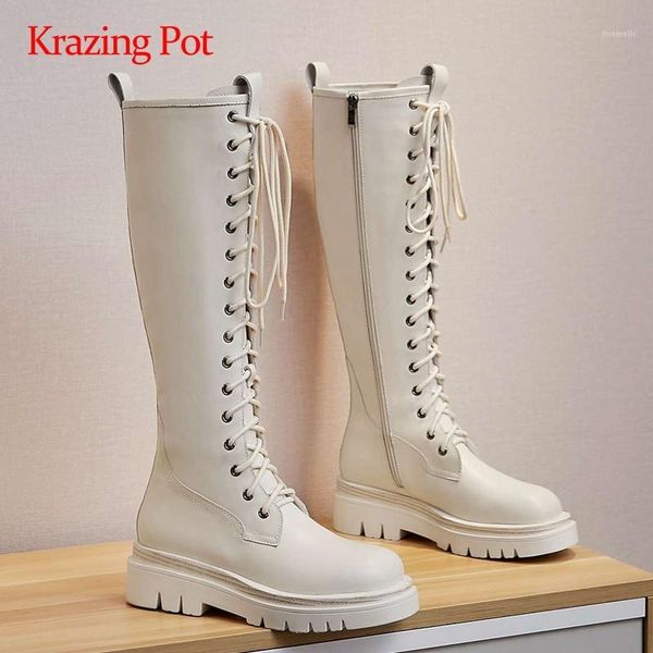 

boots krazing pot motorcycle natural leather cross-tied platform coolest round toe thick high heel zip cozy knee l811, Black