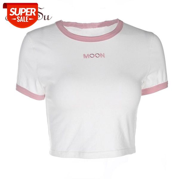 

artsu 2019 summer fashion letter embroidery short sleeve cute t-shirt women crop funny t shirt tees shirt femme asts20306 #bf4b, White