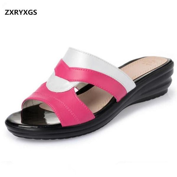 

new spell colors genuine leather shoes women summer sandals slippers 2020 plus size casual shoes woman slippers wedges sandals, Black