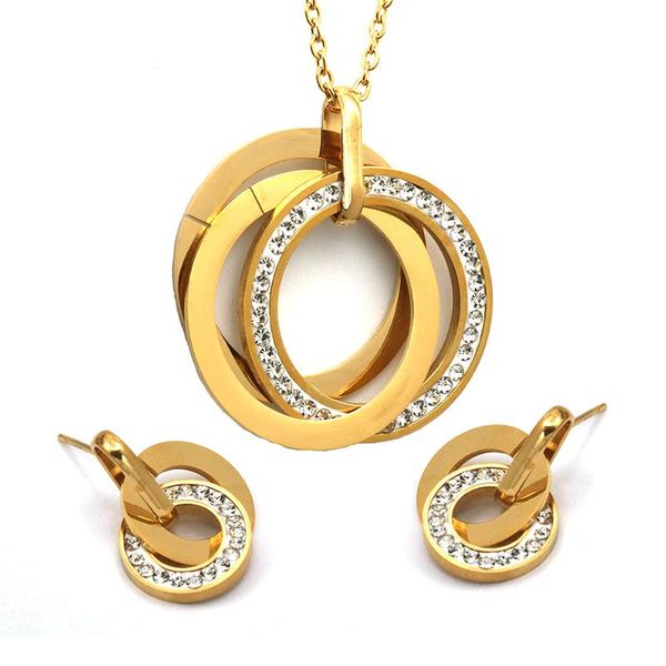 

горячая двойная круглая форма оптом из нержавеющей стали украшения из нержавеющей стали ожерелье белые хрустальные серьги и подвеска для жен, Silver