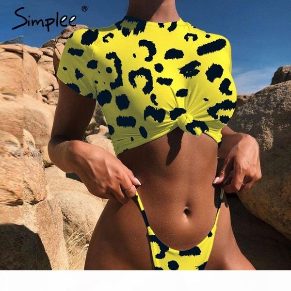 

wholesale leopard sports swimmer women casual t-shirt lingerie set high cut thong two piece beach wear suits push up lingerie, Red;black