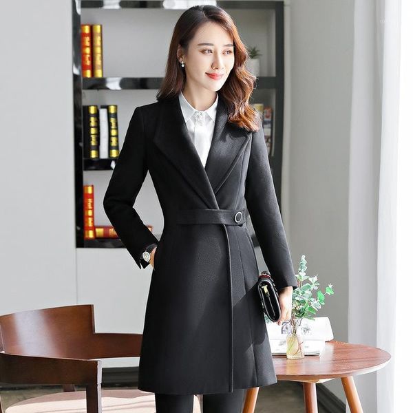 

office lady slim women long winter wool blend coat belt turn-down collar wool coat and jacket solid pockets outerwear1, Black