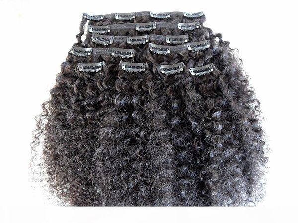 

brazilian kinky curly virgin human hair clip in hair extensions natural black color thick weft 120g, Black;brown