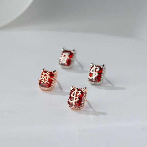

fashion s925 sterling silver square diamond stud earrings female year of ox red diamond the chinese character fa asymmetric earrings happy z, Golden