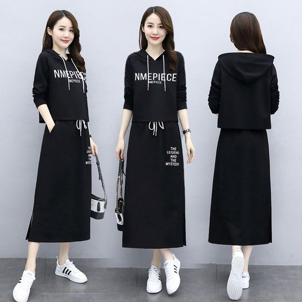 

ib07s fashion printed letter leisure sports autumn piece small v-neck hooded sweater suit dress dresssweater dress two and winter new set sk, Black;gray