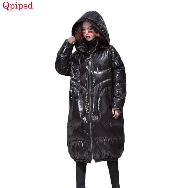

large size womens long down jacket coat 2019 winter new glossy hooded cotton-padded parkas female thicken warm down parkas coat, Black