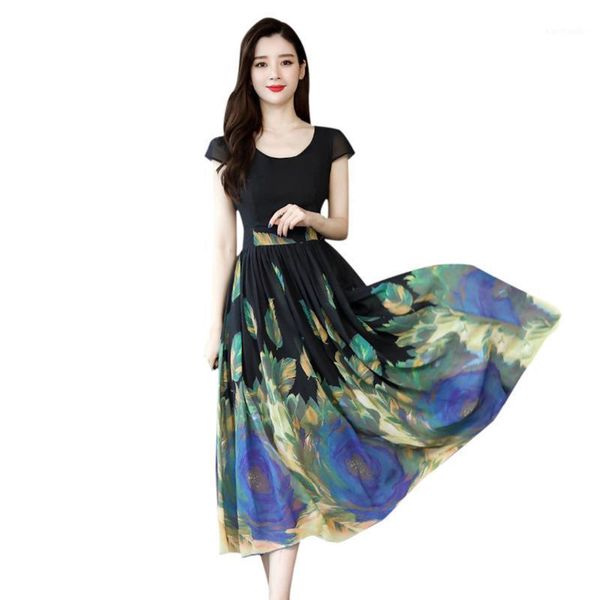 

women summer beach dress casual short sleeve long dress boho floral print slim party turtleneck sashes dresses vestidos#y21