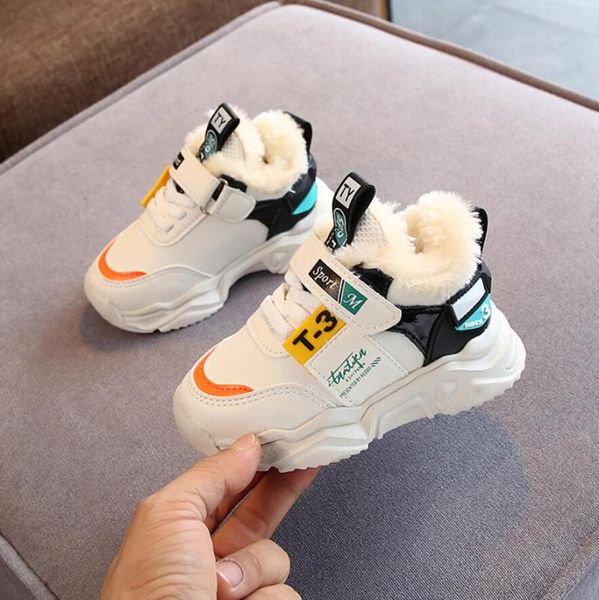 

2020 autumn winter children sport shoes breathable plush warm boys sneakers soft light with fur outdoor kids running shoes, Black