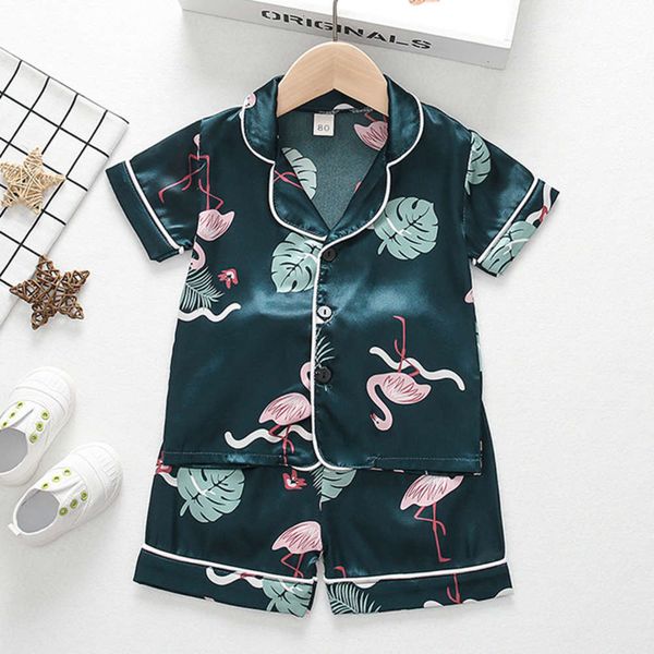 

pajamas thin little boys' girls' short sve 80-110 summer ice silk children's home suit, Blue;red