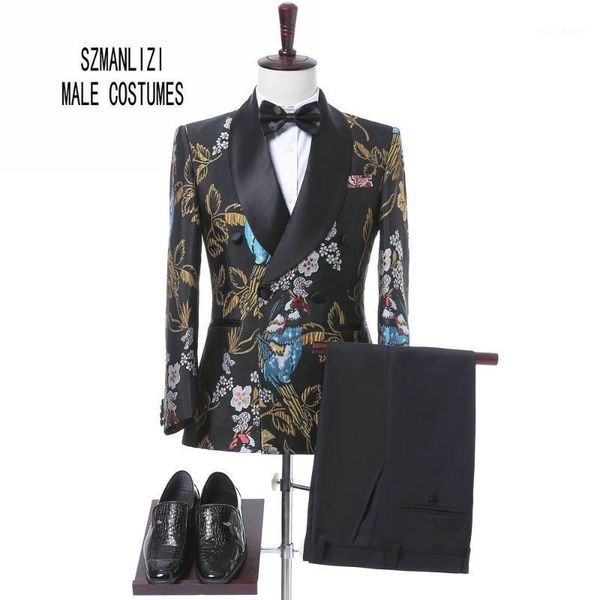

2021 new elegant brand wedding mens suit flower double breasted suit for men slim fit groom tuxedo blazer costume homme mariage1, White;black