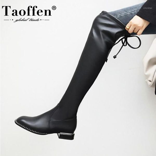 

taoffen size 32-43 women over the knee boots low heel lace up leopard flock long silm boots fashion shes footwear party1, Black