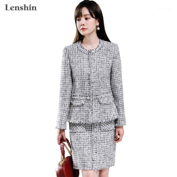 

lenshin 2 pieces set fashion women burlap blazer skirt suits office lady elegant soft and comfortable jacket skirt1, White