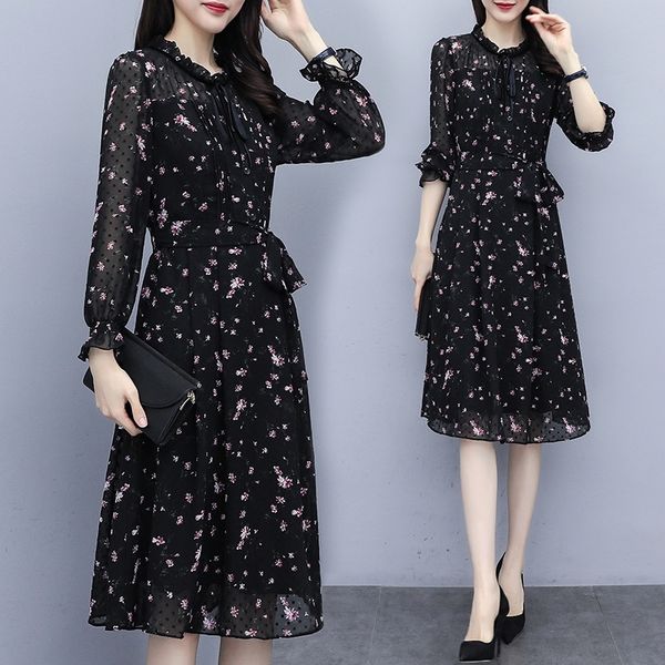 

avhum floral chiffon women's spring and autumn 2020 dress new high-end elegant style waist-tight dress long-sleeved chiffon western iso, Black;gray