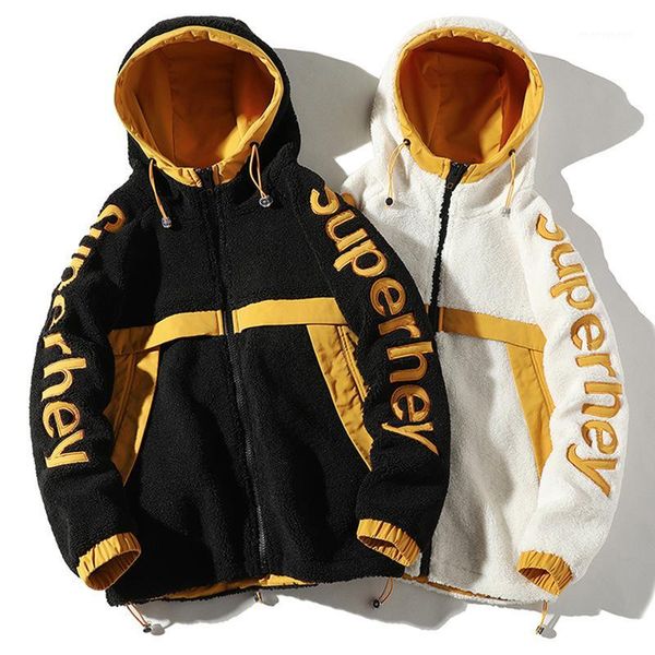 

men fashion hip hop lambswool autumn winter jacket parka men korean casual coat streetwear warm male clothes black white1, Black;brown
