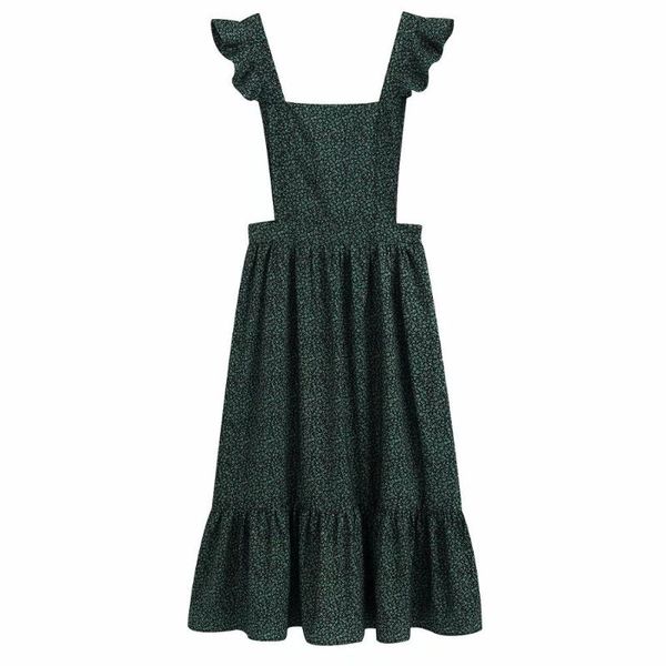 

women fashion floral print pleated ruffles green vest midi dress ladies backless cross vestidos chic party dresses ds3381, Black;gray