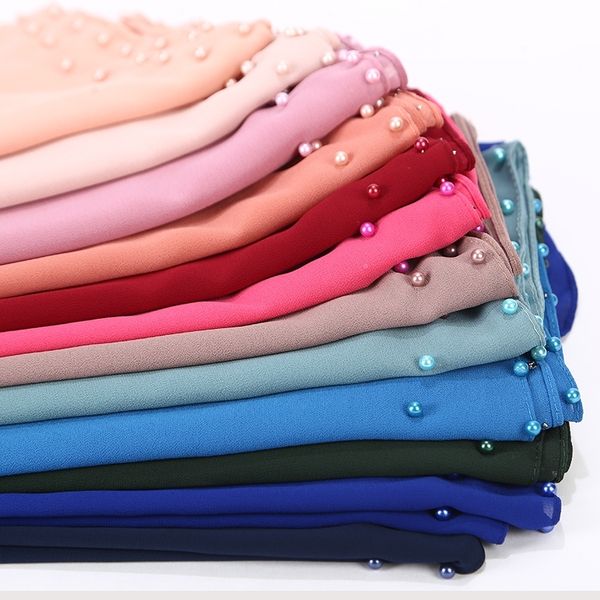 

10pc nice coloured pearl scarf big solider color quality bubble chiffon scarf plain shawls hijab muslim scarf 20 color 180*75cm 201006, Blue;gray