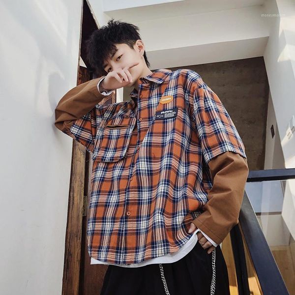 

men's casual shirts 2021 spring and summer models korean version of the trend couple harajuku lattice fake two long-sleeved shirt stree, White;black