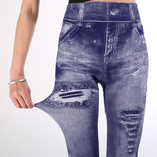 

new women gym leggings faux denim jeans leggings pocket printing leggings casual high waist pencil pants plus size pant, Black