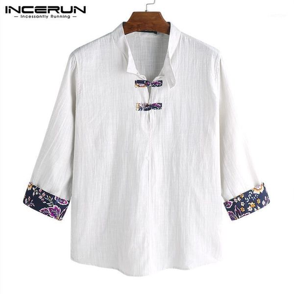 

incerun retro floral shirts men white shirt dress stand collar button decor 3/4 sleeve hombre camisa masculina shirts 5xl autumn1, White;black