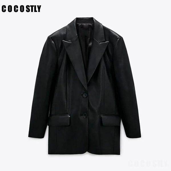 

new women 2020 fashion faux leather blazers women coat vintage long sleeve pockets back vents female outerwear chic, White;black
