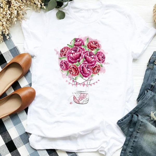

women lady 90s floral balloon watercolor cartoon cute print t tee womens tshirt female shirt clothes graphic t-shirt, White