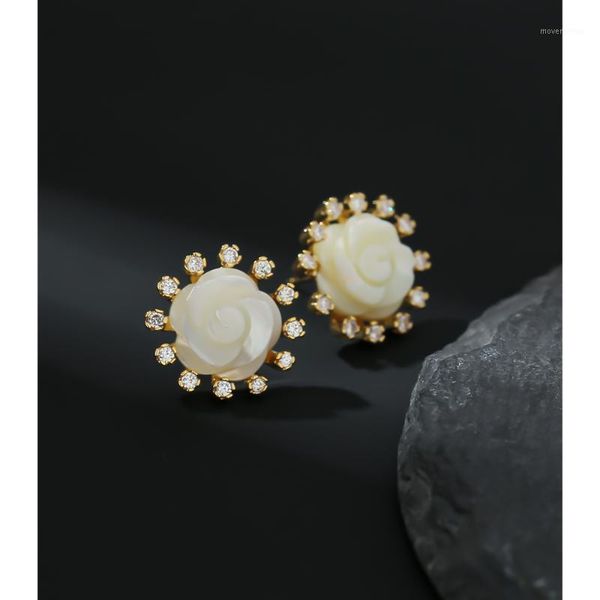 

ymyw natural shell rose flower stud earrings cubic zirconia metal copper earrings s925 post gold for jewelry women1, Golden;silver