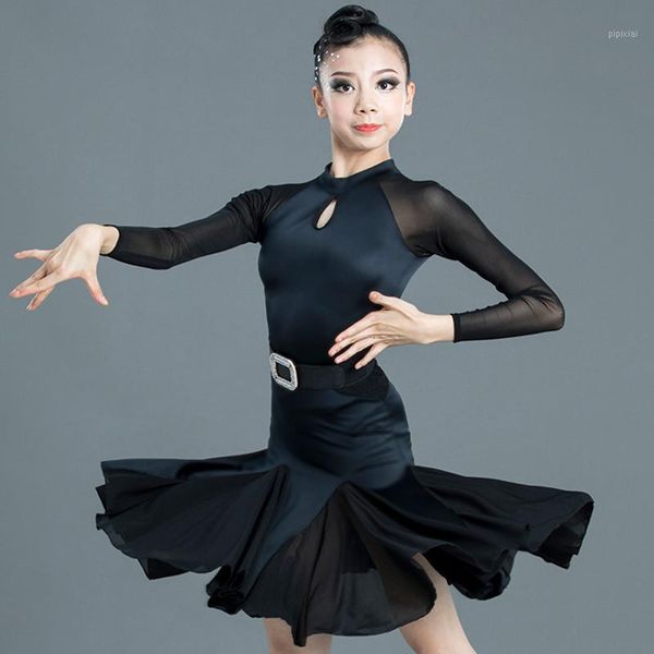 

latin dance dress girls black long sleeve competition performance dresses rumba cha cha samba salsa tango kids stage wear dn52851, Black;red