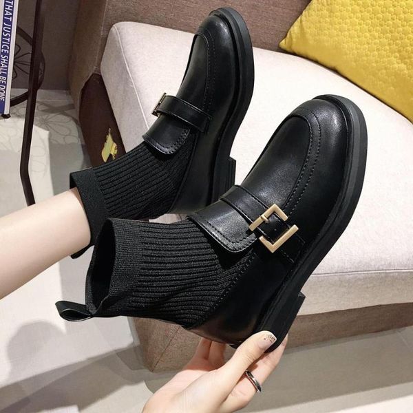 

женские сапоги осенью круглые носки туфли роскошные дизайнерские сапоги женские чулки лодыжки моды дамы 2021 med rock, Black