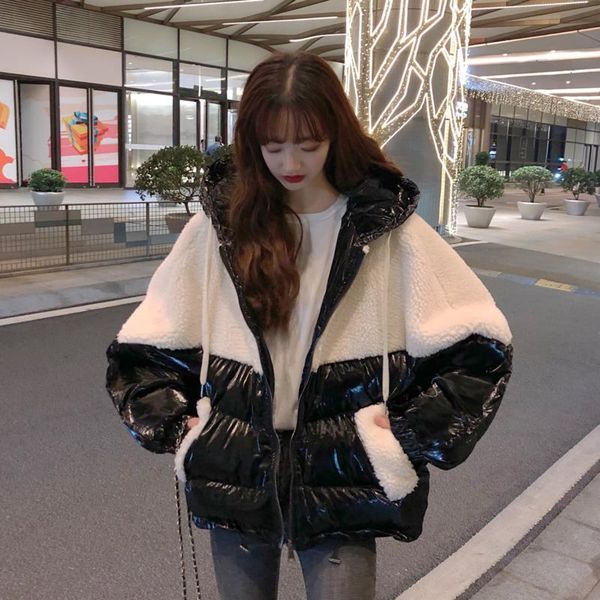 

winter women patchwork outwear lamb cotton jackets casual female thicken warm hooded coat pocket parka jacket coats outerwear, Black