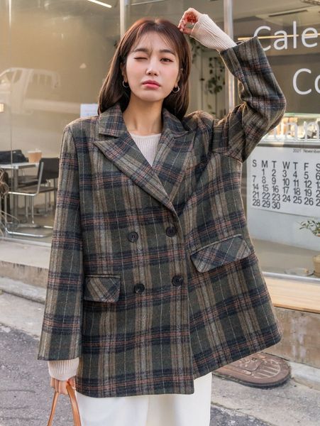 

dazy plaid lapel neck double breasted overcoat o868#, Black