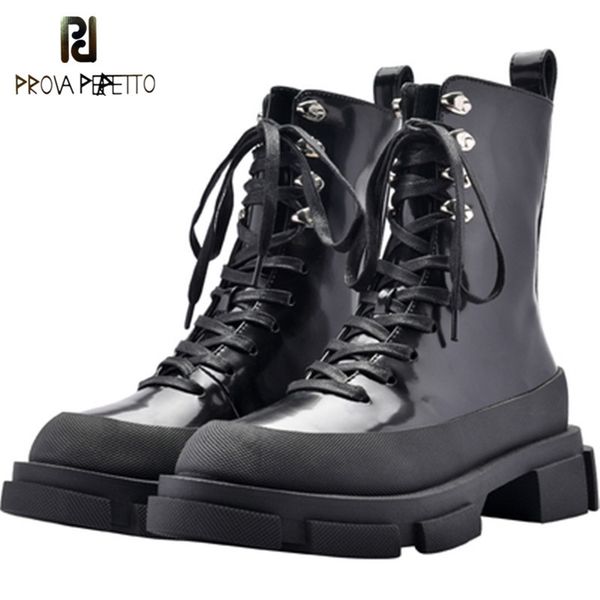 

prova perfetto black women ankle boots thick heel creepers riding boots lace up autumn botas mujer platform boots rubber shoes t200104