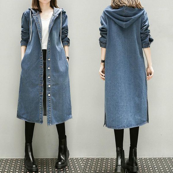 

girls autumn long sleeve large size 3xl 4xl 5xl women long denim windbreaker female overcoat hooded blue trench coat streetwear1, Tan;black
