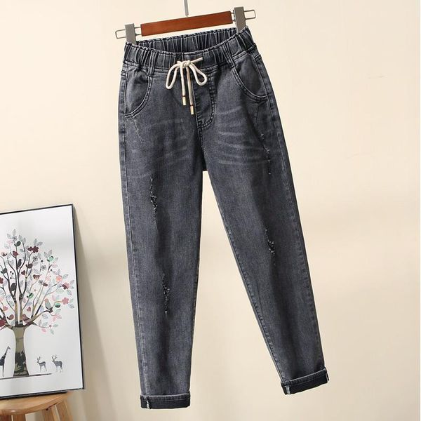 

smoke gray elastic waist jeans women's trousers new loose elastic slimming high waist harem pants in autumn of 2021, Blue